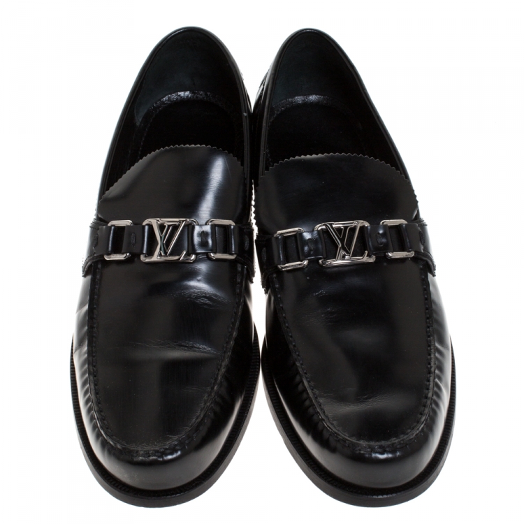 Pre Owned Louis Vuitton Black Leather Logo Detail Loafers Size 44