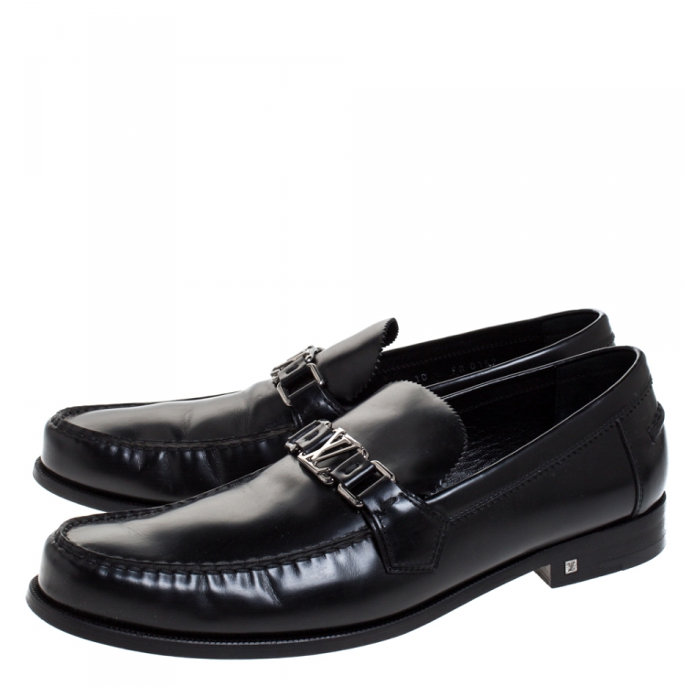 Pre Owned Louis Vuitton Black Leather Logo Detail Loafers Size 44