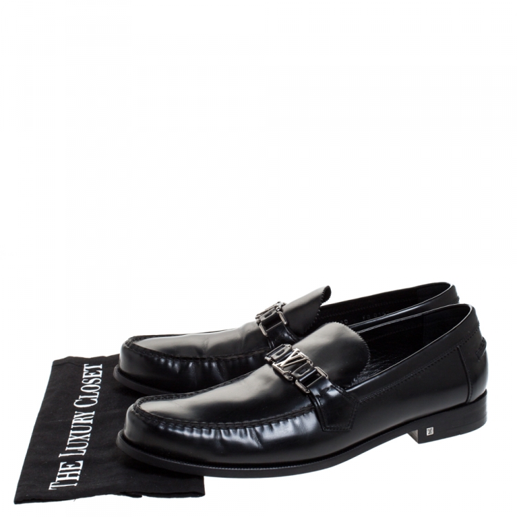 Pre Owned Louis Vuitton Black Leather Logo Detail Loafers Size 44