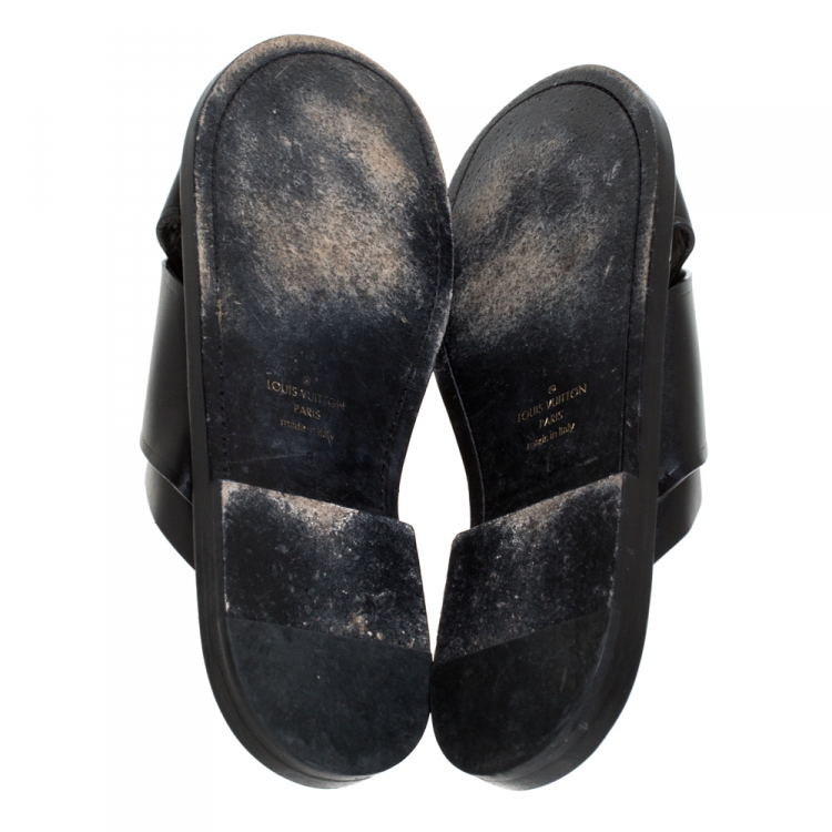 Pre Owned Louis Vuitton Black Crisscross Leather Slide Flats Size 42