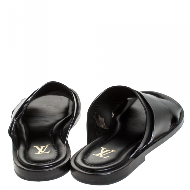 Pre Owned Louis Vuitton Black Crisscross Leather Slide Flats Size 42