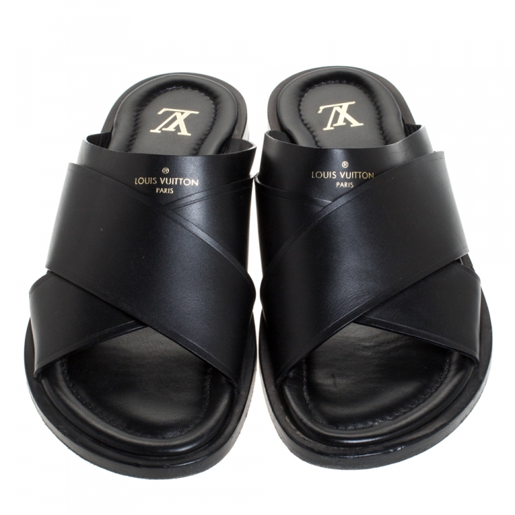 Pre Owned Louis Vuitton Black Crisscross Leather Slide Flats Size 42