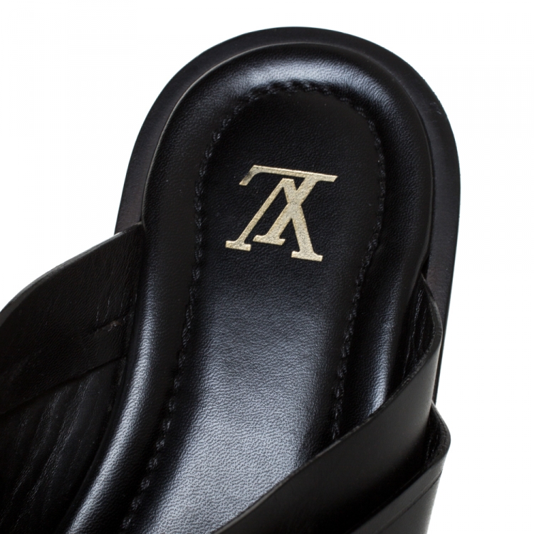 Pre Owned Louis Vuitton Black Crisscross Leather Slide Flats Size 42