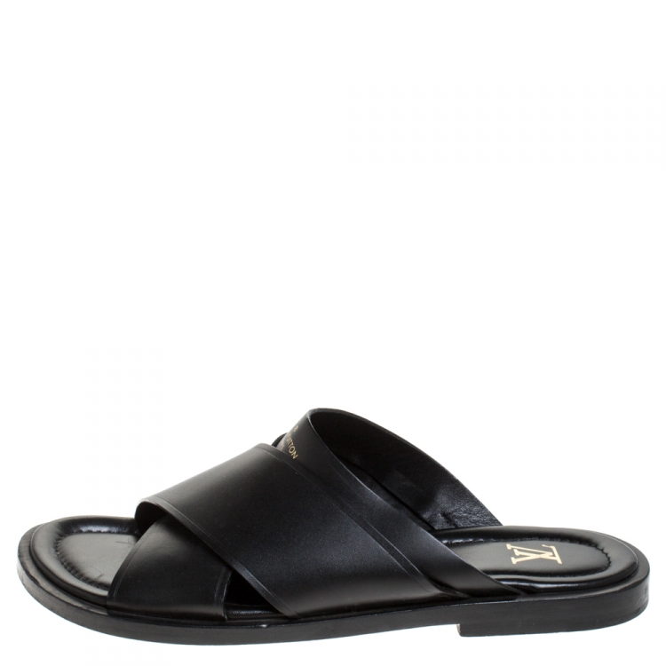 Pre Owned Louis Vuitton Black Crisscross Leather Slide Flats Size 42