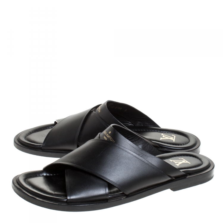 Pre Owned Louis Vuitton Black Crisscross Leather Slide Flats Size 42