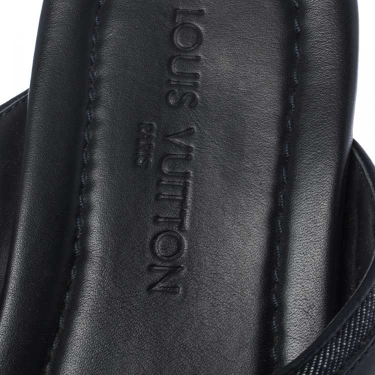 Pre Owned Louis Vuitton Black Leather And Denim Cross Strap Sandals Size 42.5