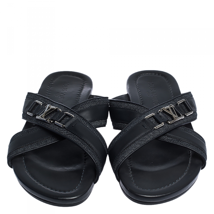 Pre Owned Louis Vuitton Black Leather And Denim Cross Strap Sandals Size 42.5