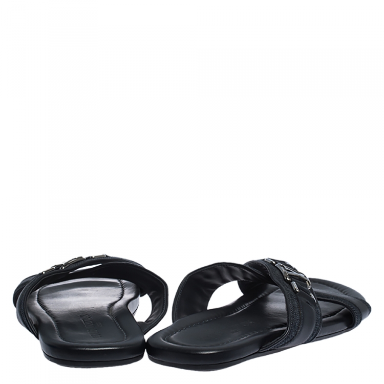 Pre Owned Louis Vuitton Black Leather And Denim Cross Strap Sandals Size 42.5