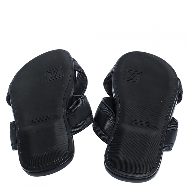Pre Owned Louis Vuitton Black Leather And Denim Cross Strap Sandals Size 42.5