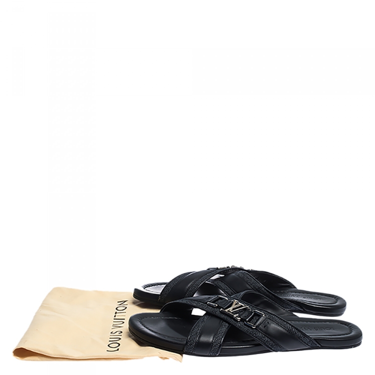 Pre Owned Louis Vuitton Black Leather And Denim Cross Strap Sandals Size 42.5