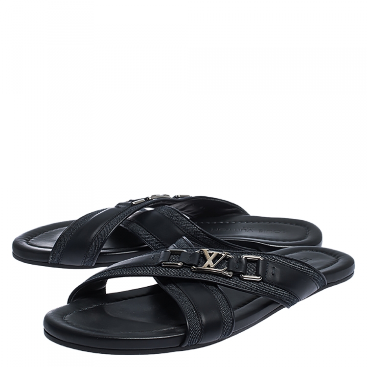 Pre Owned Louis Vuitton Black Leather And Denim Cross Strap Sandals Size 42.5