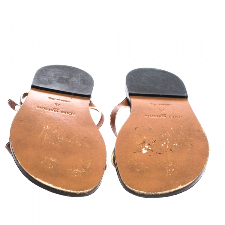 Pre Owned Louis Vuitton Tan Leather Toe Ring Criss Cross Flats Size 41.5