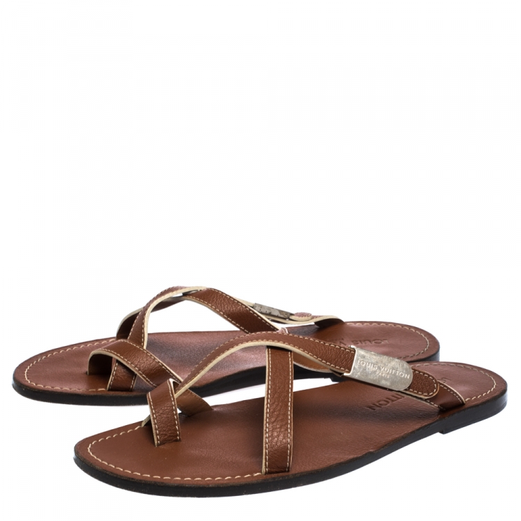 Pre Owned Louis Vuitton Tan Leather Toe Ring Criss Cross Flats Size 41.5