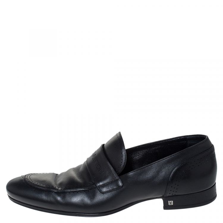 Pre Owned Louis Vuitton Black Logo Perforated Leather Slip On Loafers Size 43