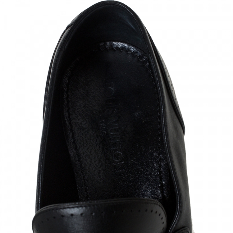 Pre Owned Louis Vuitton Black Logo Perforated Leather Slip On Loafers Size 43