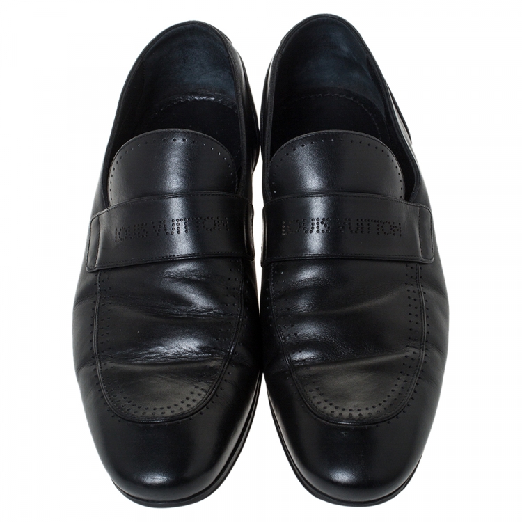 Pre Owned Louis Vuitton Black Logo Perforated Leather Slip On Loafers Size 43