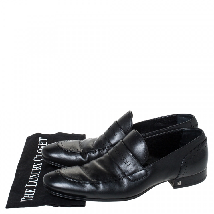 Pre Owned Louis Vuitton Black Logo Perforated Leather Slip On Loafers Size 43