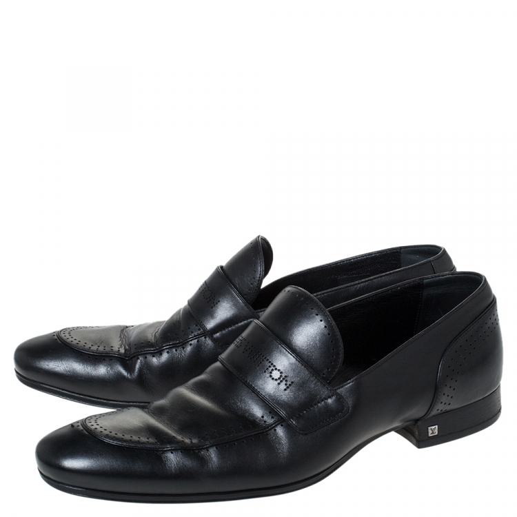 Pre Owned Louis Vuitton Black Logo Perforated Leather Slip On Loafers Size 43