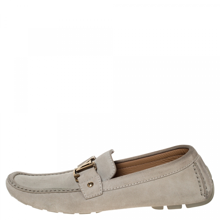 Pre Owned Louis Vuitton Beige Suede Monte Carlo Logo Slip On Loafers Size 43