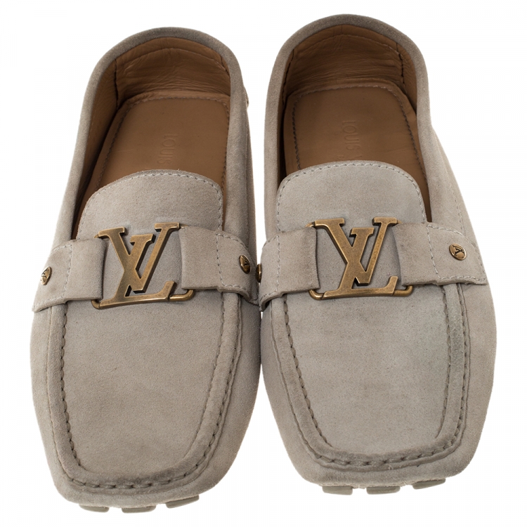 Pre Owned Louis Vuitton Beige Suede Monte Carlo Logo Slip On Loafers Size 43