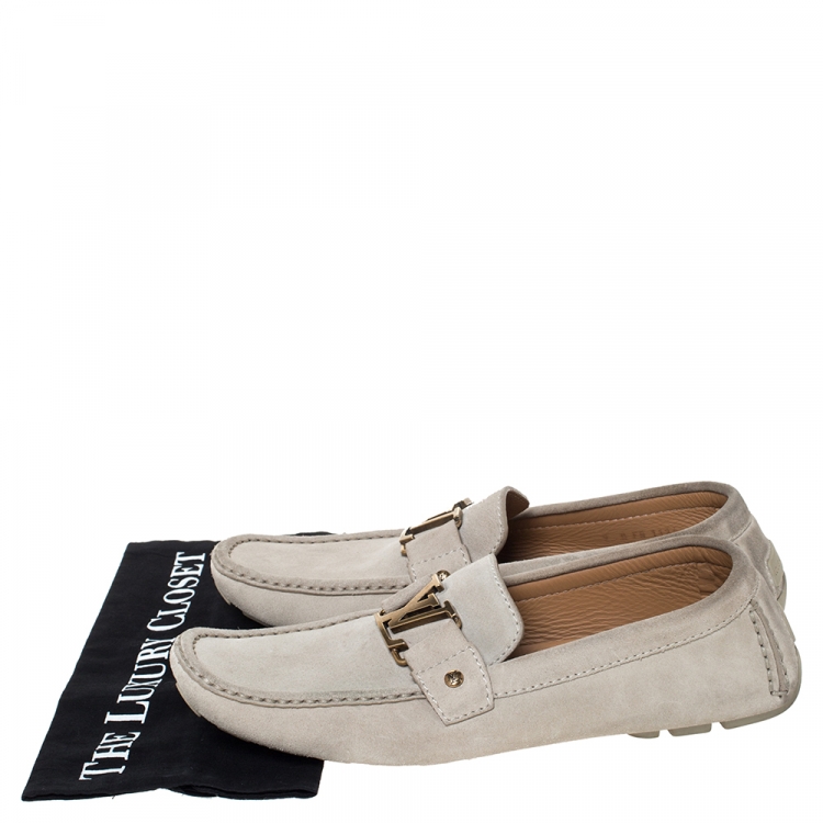 Pre Owned Louis Vuitton Beige Suede Monte Carlo Logo Slip On Loafers Size 43