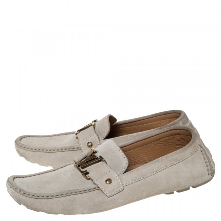Pre Owned Louis Vuitton Beige Suede Monte Carlo Logo Slip On Loafers Size 43
