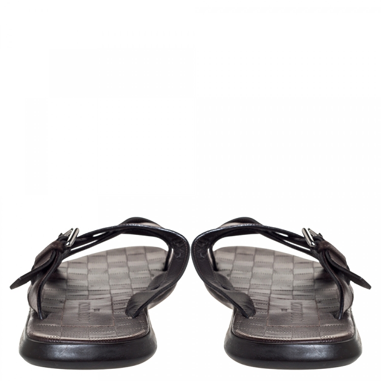 Pre Owned Louis Vuitton Brown Leather Cross Strap Flat Slides Size 41