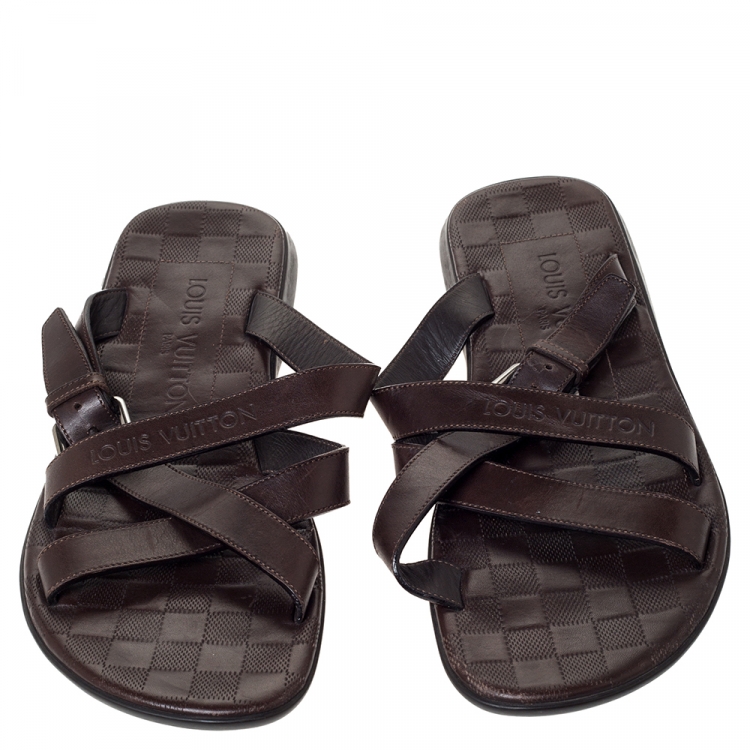 Pre Owned Louis Vuitton Brown Leather Cross Strap Flat Slides Size 41
