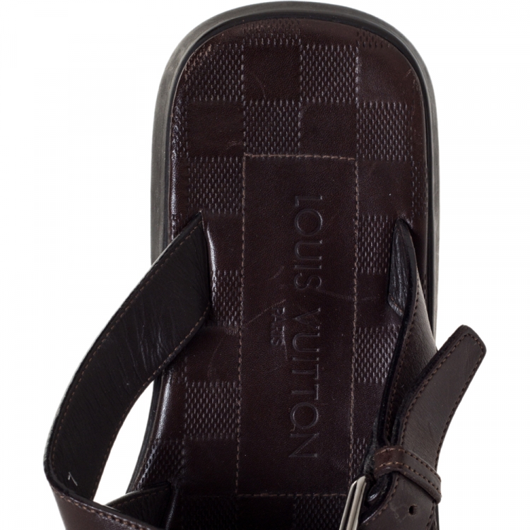 Pre Owned Louis Vuitton Brown Leather Cross Strap Flat Slides Size 41