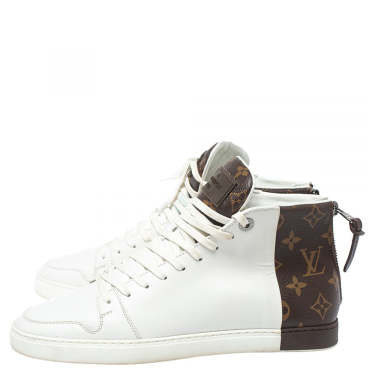 Pre Owned Louis Vuitton White/Brown Monogram Canvas And Leather Line Up High Top Sneakers Size 40