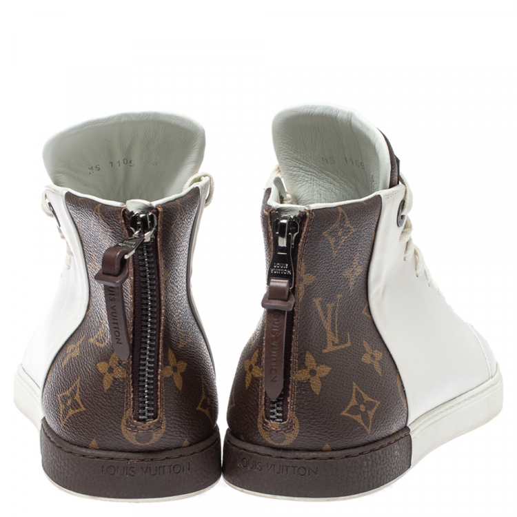 Pre Owned Louis Vuitton White/Brown Monogram Canvas And Leather Line Up High Top Sneakers Size 40