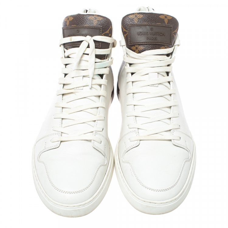 Pre Owned Louis Vuitton White/Brown Monogram Canvas And Leather Line Up High Top Sneakers Size 40