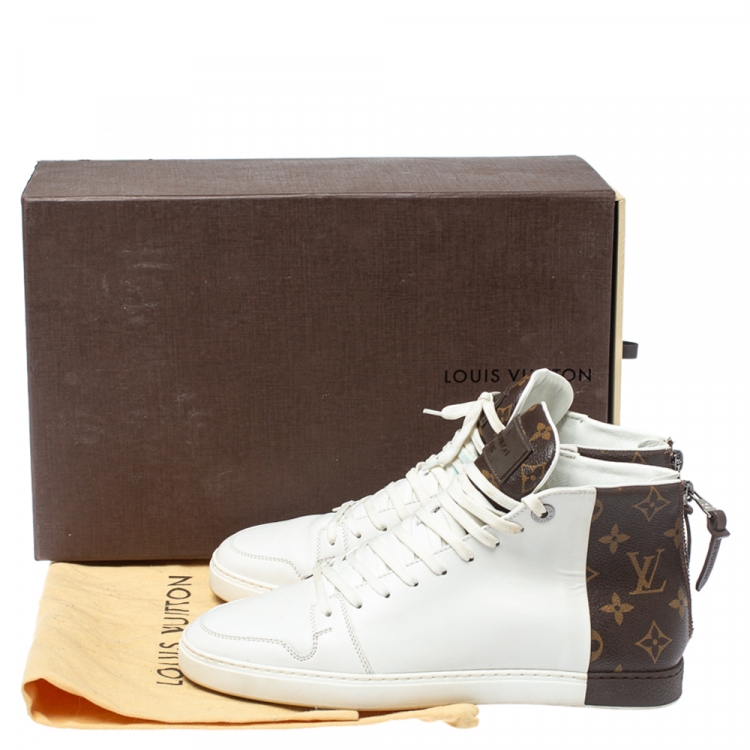 Pre Owned Louis Vuitton White/Brown Monogram Canvas And Leather Line Up High Top Sneakers Size 40