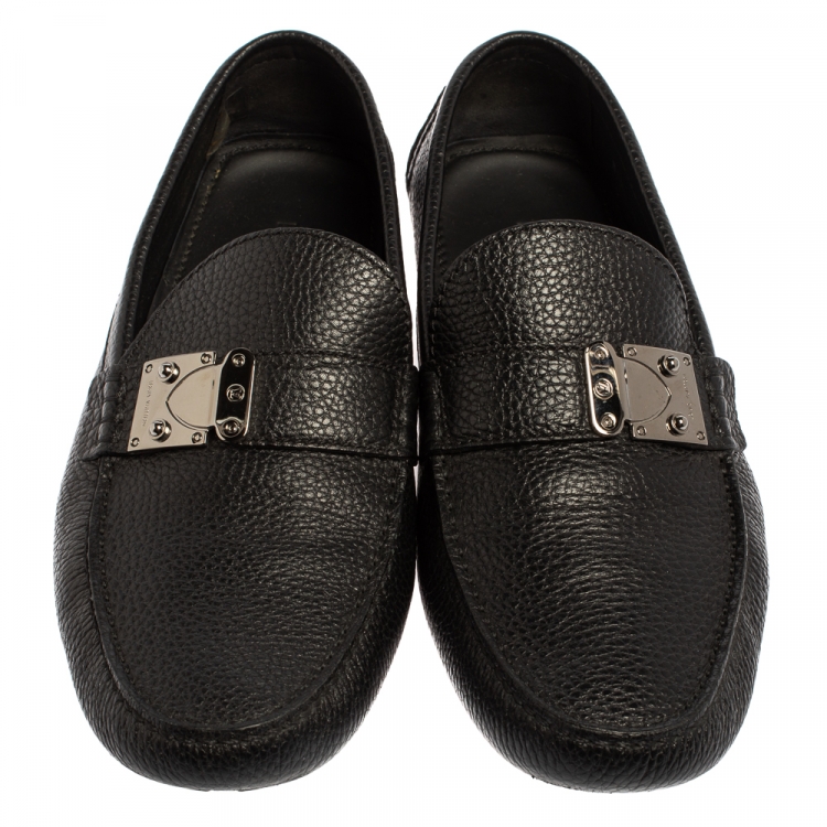 Pre Owned Louis Vuitton Black Leather Racetrack Slip On Loafers Size 44