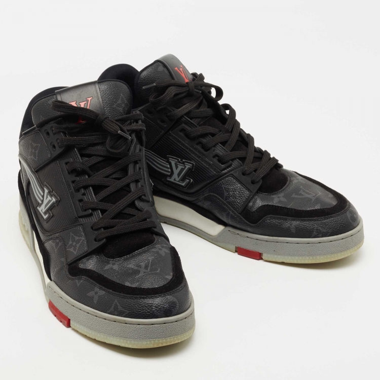 Pre Owned Louis Vuitton Black/Grey Suede, Fabric and Monogram Canvas LV Trainer Sneakers Size 44