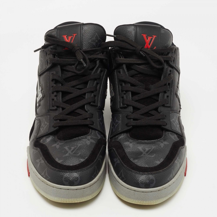 Pre Owned Louis Vuitton Black/Grey Suede, Fabric and Monogram Canvas LV Trainer Sneakers Size 44