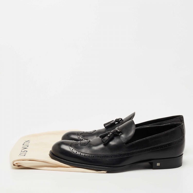 Pre Owned Louis Vuitton Black Brogue Leather Tassel Slip On Loafers Size 40