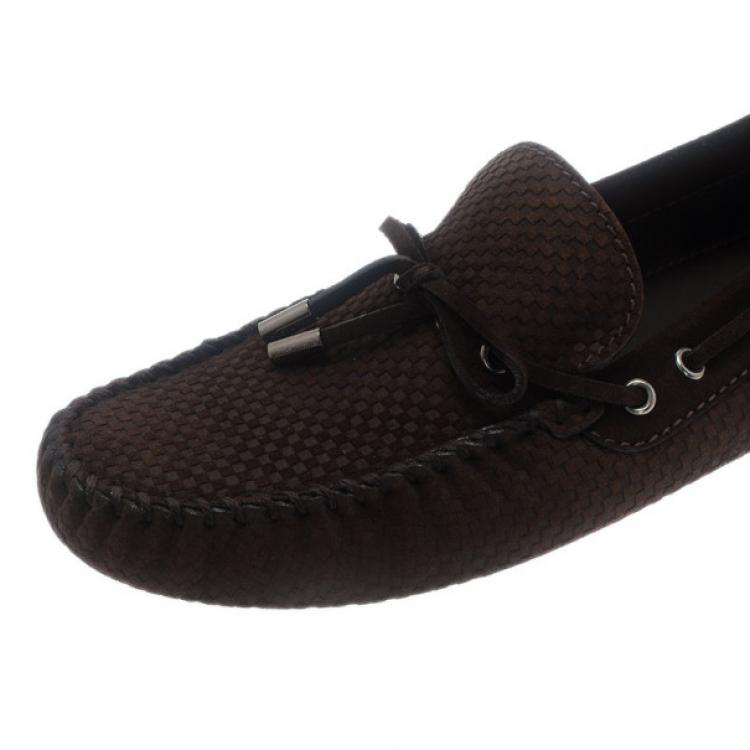 Pre Owned Louis Vuitton Brown Petit Damier Suede Navajo Loafers Size 42