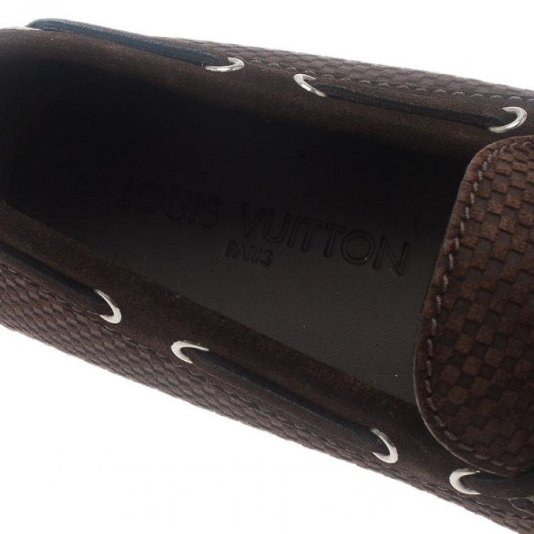 Pre Owned Louis Vuitton Brown Petit Damier Suede Navajo Loafers Size 42