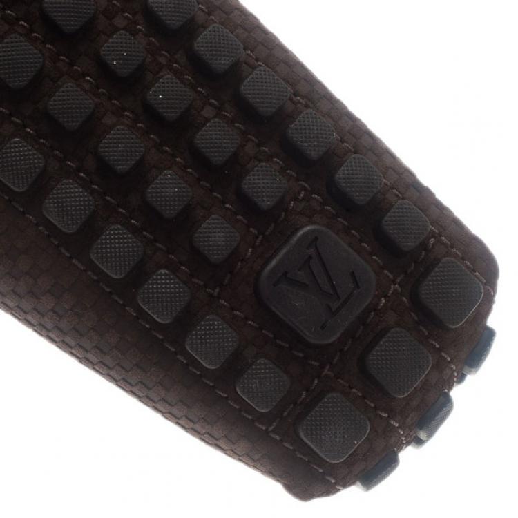 Pre Owned Louis Vuitton Brown Petit Damier Suede Navajo Loafers Size 42