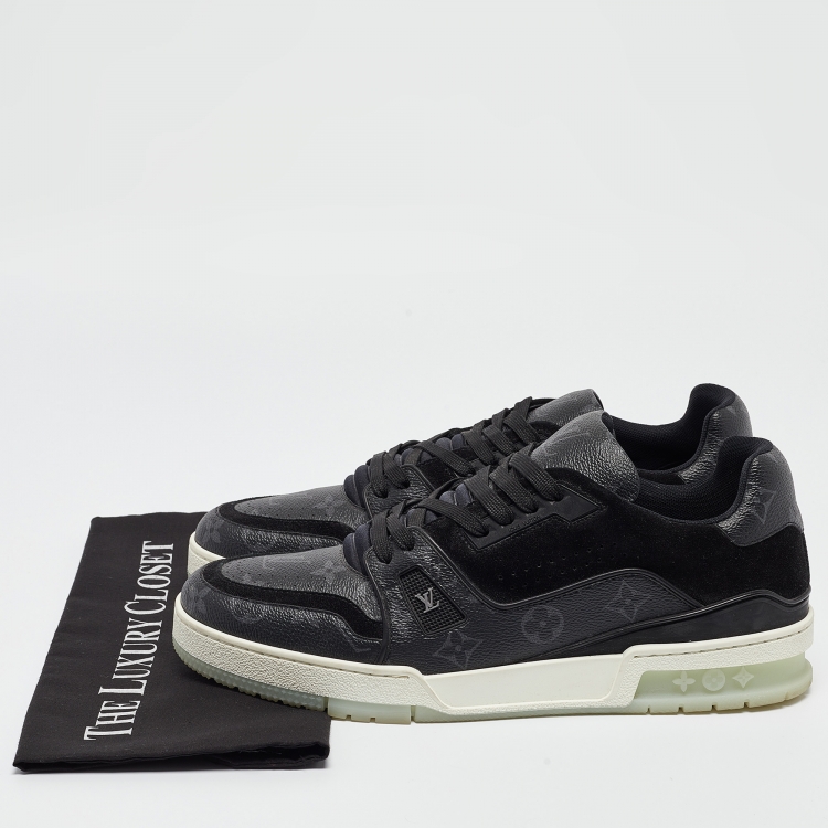 Pre Owned Louis Vuitton Black Leather and Monogram Coated Canvas Low Top Sneakers Size 43.5