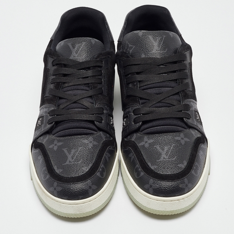 Pre Owned Louis Vuitton Black Leather and Monogram Coated Canvas Low Top Sneakers Size 43.5