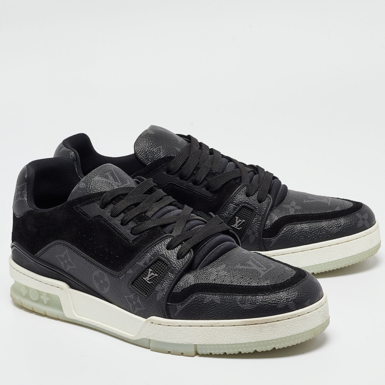 Pre Owned Louis Vuitton Black Leather and Monogram Coated Canvas Low Top Sneakers Size 43.5