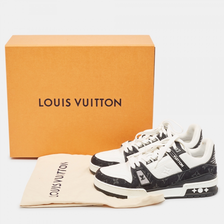 Pre Owned Louis Vuitton White/Black Monogram Leather and Denim LV Trainer Sneakers Size 39
