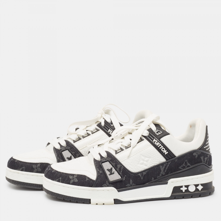Pre Owned Louis Vuitton White/Black Monogram Leather and Denim LV Trainer Sneakers Size 39