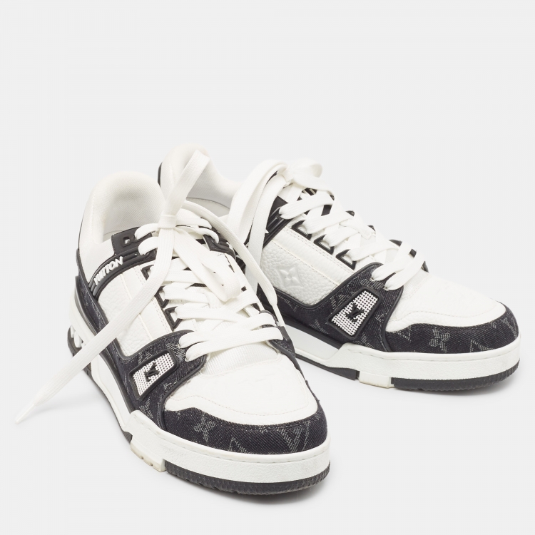 Pre Owned Louis Vuitton White/Black Monogram Leather and Denim LV Trainer Sneakers Size 39