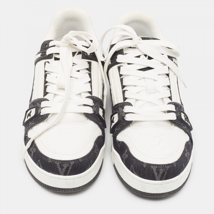 Pre Owned Louis Vuitton White/Black Monogram Leather and Denim LV Trainer Sneakers Size 39