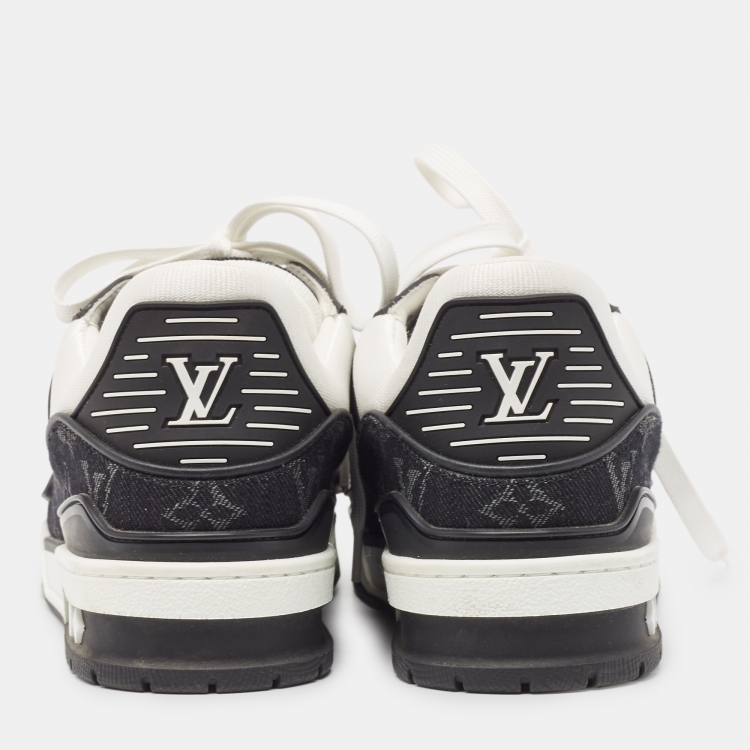 Pre Owned Louis Vuitton White/Black Monogram Leather and Denim LV Trainer Sneakers Size 39