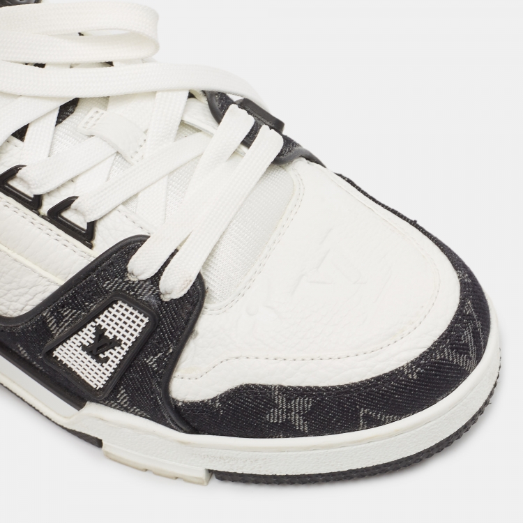 Pre Owned Louis Vuitton White/Black Monogram Leather and Denim LV Trainer Sneakers Size 39