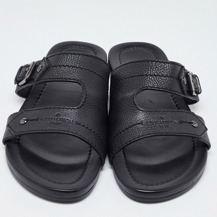 Pre Owned Louis Vuitton Black Leather Slides Size 44